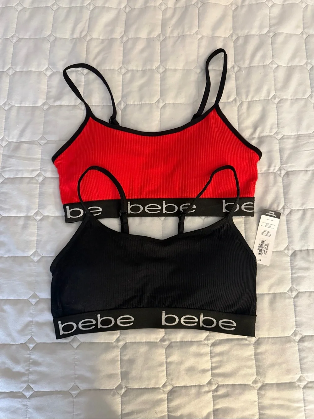 bebe Ribbed Dual Bralette Set - Red & Black